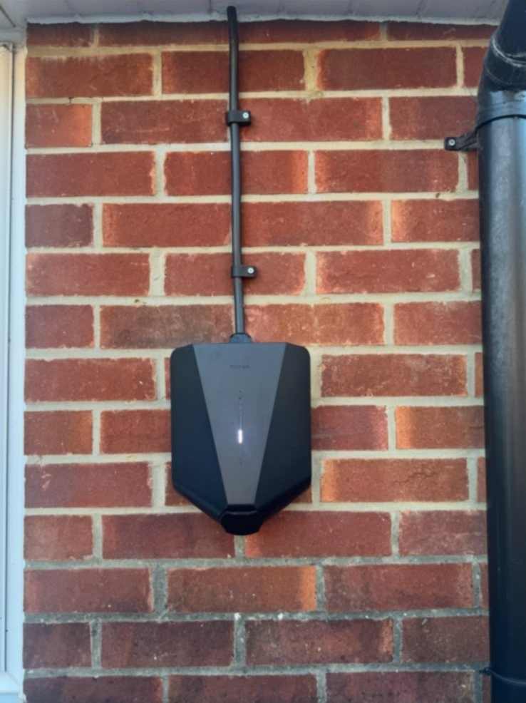 Easee EV charge point installed on a red brick wall in Harefield.
